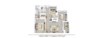 3D floor plan illustrating a one-bedroom, one-bathroom apartment featuring a fireplace, complete with furniture layout across 1,170 Sq. Ft.