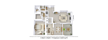 A 3D floor plan showing the spatial flow, furniture arrangement, and fireplace placement in a 1-bedroom, 1-bathroom apartment with 1,222 Sq. Ft.