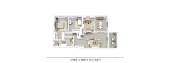 3D floor plan providing an angled view of a two-bedroom, one-bath apartment showing furniture arrangement and room flow over 1,240 Sq. Ft.