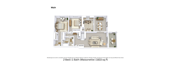 A 3D floor plan showing an angled view of a two-bedroom, one-bath Maisonette with furniture placement and room flow across 1,833 Sq. Ft.