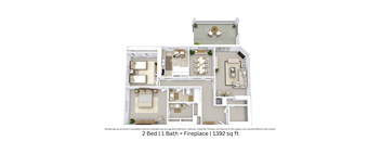 3D floor plan illustrating an angled view of a two-bedroom, one-bath apartment with fireplace, furniture layout, and spatial flow over 1,392 Sq. Ft.