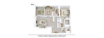 3D floor plan giving an angled view of a two-bedroom, two-bath Maisonette apartment with furniture placement and interior flow across 1,916 Sq. Ft.