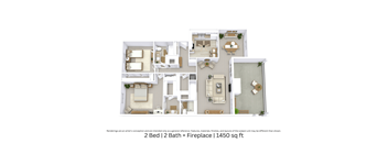 A 3D floor plan offering a detailed angled view of a two-bedroom, two-bath layout with a fireplace and furniture placement across 1,450 Sq. Ft.