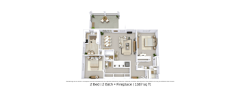 3D floor plan displaying a two-bedroom, two-bath apartment layout with fireplace, furniture placement, and interior flow across 1,387 Sq. Ft.