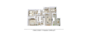 A 3D floor plan showing a detailed angled view of a two-bedroom, two-bath apartment with a fireplace, furniture, and flow over 1,448 Sq. Ft.