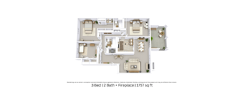 3D floor plan giving a detailed angled view of a 3 bedroom, 2 bath apartment with a fireplace, furniture layout, and interior flow across 1,757 Sq. Ft.