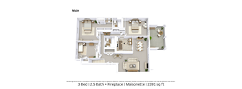 3D floor plan of a 3-bed, 2-bath Maisonette with fireplace, furniture layout, and room flow. 2,391 sq. ft.