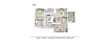 3D floor plan offering a detailed angled view of a 3-bedroom, 2-bath Maisonette with a fireplace, furniture placement, and flow over 2,391 Sq. Ft.