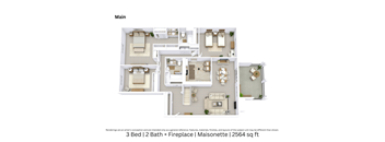 3D floor plan providing an angled view of a 3-bedroom, 2-bath Maisonette with a fireplace, furniture layout, and open-concept flow across 2,564 Sq. Ft.