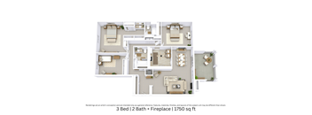 3D floor plan showing an angled perspective of a three-bedroom, two-bath apartment with a fireplace and furniture placement across 1,750 Sq. Ft.