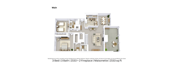 3D floor plan showing an angled view of a 3-bedroom, 3-bath Maisonette featuring 2 fireplaces, furniture arrangement, and room flow across 2,153 Sq. Ft.