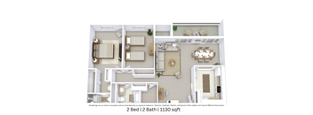 3D floor plan of a 3-bedroom, 2-bathroom apartment at approximately 1130 sq. ft with detailed room layout.