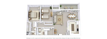 3D floor plan layout for a two-bedroom apartment.