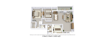 3D floor plan of a 2-bedroom, 2-bathroom apartment at approximately 1160 sq. ft with spacious layout design.