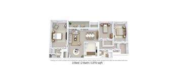 3D floor plan of a 3 bedroom, 2 bathroom apartment at approximately 1370 sq ft with detailed room layout.