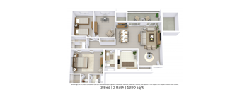 3D floor plan of a 3-bedroom, 2-bathroom apartment at approximately 1380 sq. ft with detailed room layout.