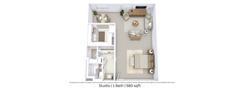 This is a 3D-floor plan providing a detailed, angled view of the space with room layouts, furniture placement, and spatial flow. Features a Studio, 1 bathroom/s, and approximately 580 Sq. Ft