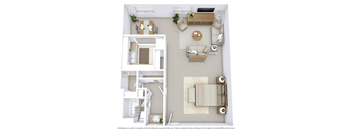a stylized floor plan with a bedroom and living room