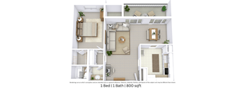 This is a 3D-floor plan providing a detailed, angled view of the space with room layouts, furniture placement, and spatial flow. Features 1 bedroom/s, 1 bathroom/s, and approximately 800 Sq. Ft