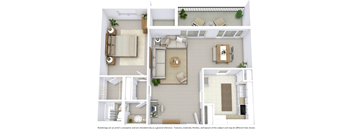 3D floor plan layout for a one-bedroom apartment.