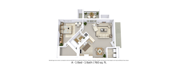 This is a 3D-floor plan providing a detailed, angled view of the space with room layouts, furniture placement, and spatial flow. Features 1 bedroom, 1 bathroom, and approximately 760 Sq. Ft.