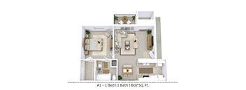 3D floor plan with furniture and layout for a 1 bed, 1 bath home. Approx. 602 sq. ft.