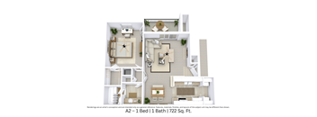 3D floor plan showing interior layout and furniture for a 1 bed, 1 bath. Approx. 722 sq. ft.