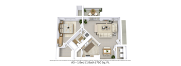 3D floor plan with furniture layout and flow for a 1 bed, 1 bath. Approx. 760 sq. ft.