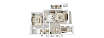 3D floor plan with overhead view and furniture for a 1 bed, 1 bath. Approx. 821 sq. ft.