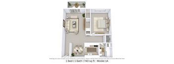 3D floor plan with furniture and layout for a 1 bed, 1 bath home. Approx. 740 sq. ft.