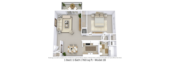 3D floor plan with furniture and layout for a 1 bed, 1 bath home. Approx. 760 sq. ft.