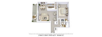 3D floor plan with furniture and layout for a 1 bed, 1 bath home. Approx. 900 sq. ft.