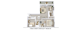 3D floor plan with furniture and layout for a 2 bed, 2 bath home. Approx. 1,000 sq. ft.