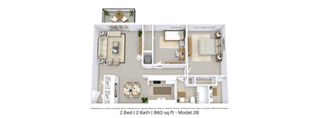 3D floor plan with furniture and layout for a 2 bed, 2 bath home. Approx. 960 sq. ft.