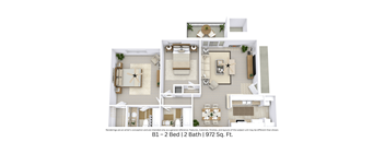 3D floor plan for B1 unit showing furniture and flow. 2 beds, 2 baths. Approx. 972 sq. ft.