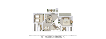 3D floor plan of a 2 bed, 2 bath unit showing open furniture flow. Approx. 1,018 sq. ft.