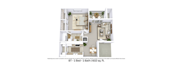 This is a 3D-floor plan providing a detailed, angled view of the space with room layouts, furniture placement, and spatial flow. Features 1 bedroom, 1 bathroom, and approximately 602 Sq. Ft.