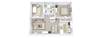 This is a 3D-floor plan providing a detailed, angled view of the space with room layouts, furniture placement, and spatial flow. Features 2 bedroom/s, 1 bathroom/s, and approximately  682 Sq. Ft
