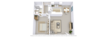 This is a 3D-floor plan providing a detailed, angled view of the space with room layouts, furniture placement, and spatial flow. Features 1 bedroom/s, 1 bathroom/s, and approximately 587 Sq. Ft
