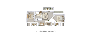 A 3D-floor plan view showing room arrangement and furniture layout in a 3-bedroom, 2-bath apartment at 1,157 Sq. Ft.