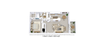 3D floor plan with angled view, room layout, furniture placement, 1 bedroom, 1 bath, 800 Sq. Ft.