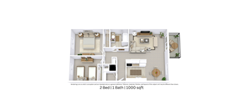 3D floor plan with angled view, room layout, furniture placement, 2 bedrooms, 1 bath, 1000 Sq. Ft.