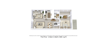 3D floor plan of a 1-bedroom, 1-bath apartment showing furniture layout and spatial flow. Approx. 665 sq. ft.