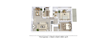 A 3D apartment plan showing the layout of 2 bedrooms, 1 bathroom, and arranged furnishings across 850 square feet.