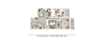 3D floor plan of a 2-bedroom, 2-bath apartment with furniture placement and open layout. Approx. 950 sq. ft.