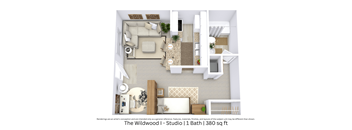 3D studio floor plan highlighting furniture arrangement and living flow with 1 bathroom. Approx. 380 sq. ft.