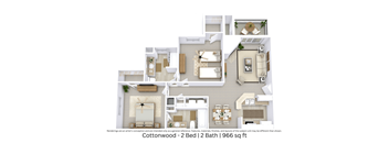 This is a 3D-floor plan providing a detailed, angled view of the space with room layouts, furniture placement, and spatial flow. Features 2 bedrooms, 2 bathrooms, and approximately 966 Sq. Ft.