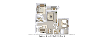 This is a 3D-floor plan providing a detailed, angled view of the space with room layouts, furniture placement, and spatial flow. Features 2 bedrooms, 2 bathrooms, and approximately 1,049 Sq. Ft.