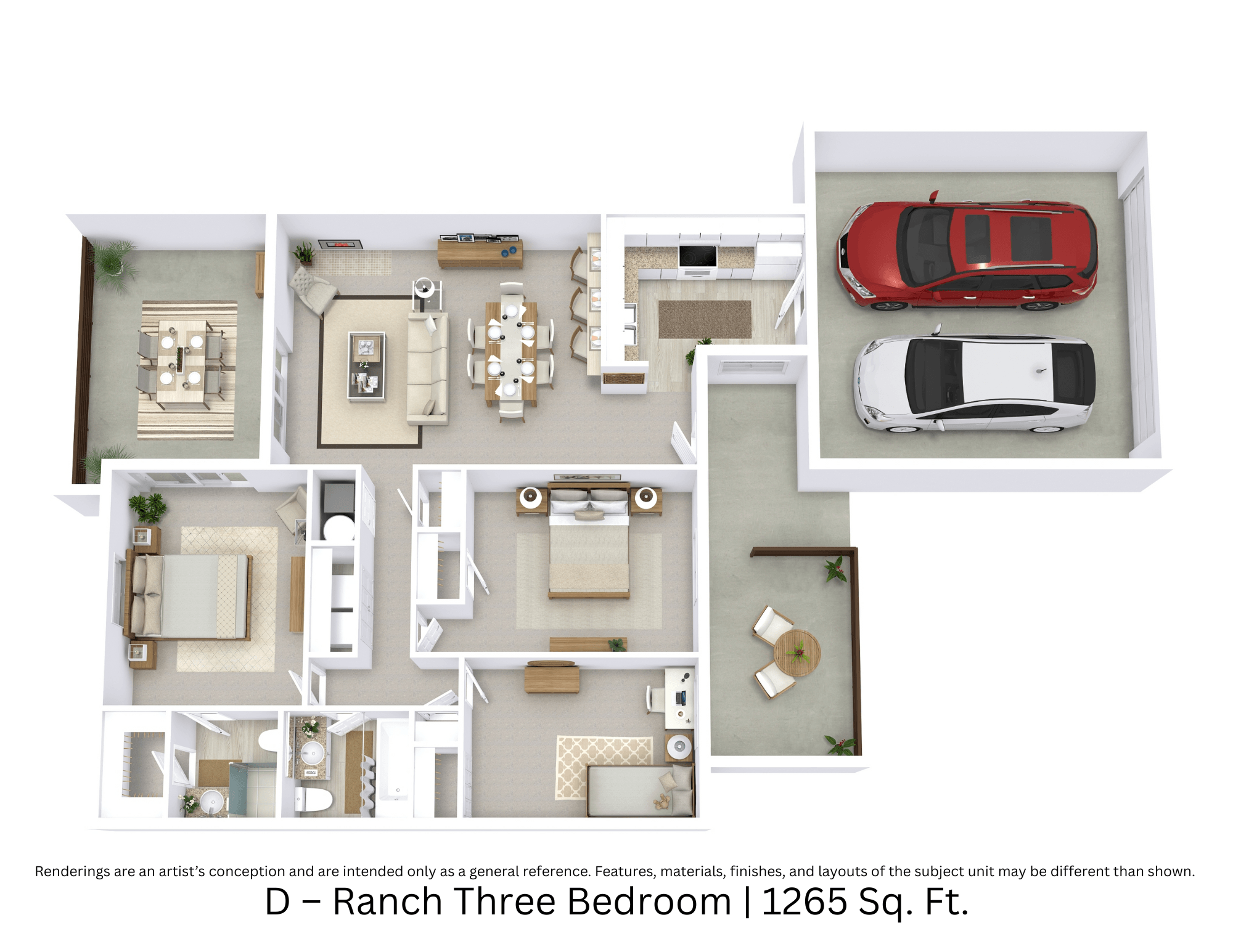 3D floor plan of a 3-bedroom, 2-bathroom ranch-style townhome showing layout and furniture across 1,265 sq. ft.