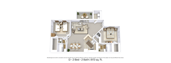 This is a 3D-floor plan providing a detailed, angled view of the space with room layouts, furniture placement, and spatial flow. Features 2 bedrooms, 2 bathrooms, and approximately 972 Sq. Ft.